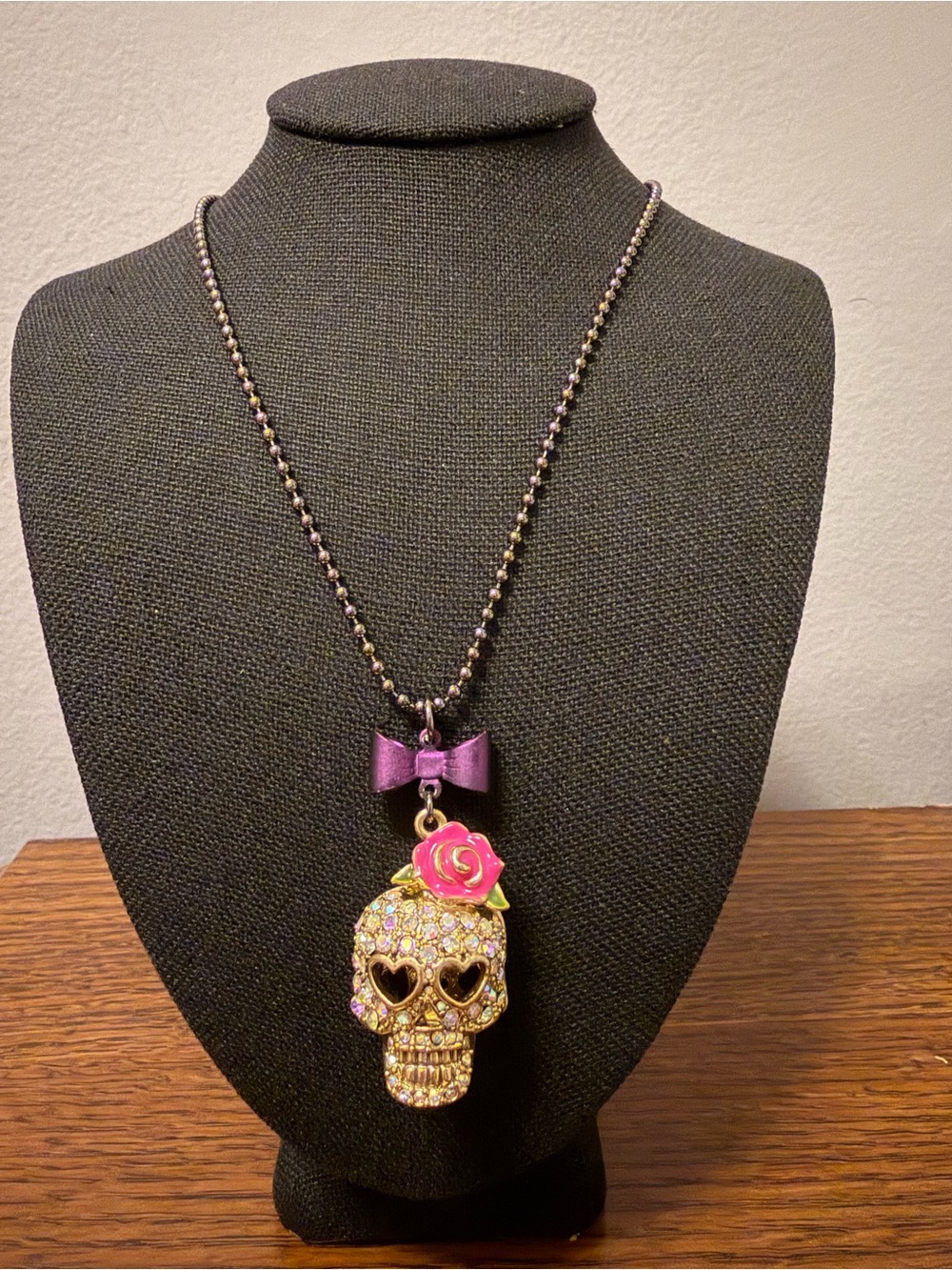 Betsey Johnson Purple Bow Pink Rose Crystal Skull Pendant Necklace